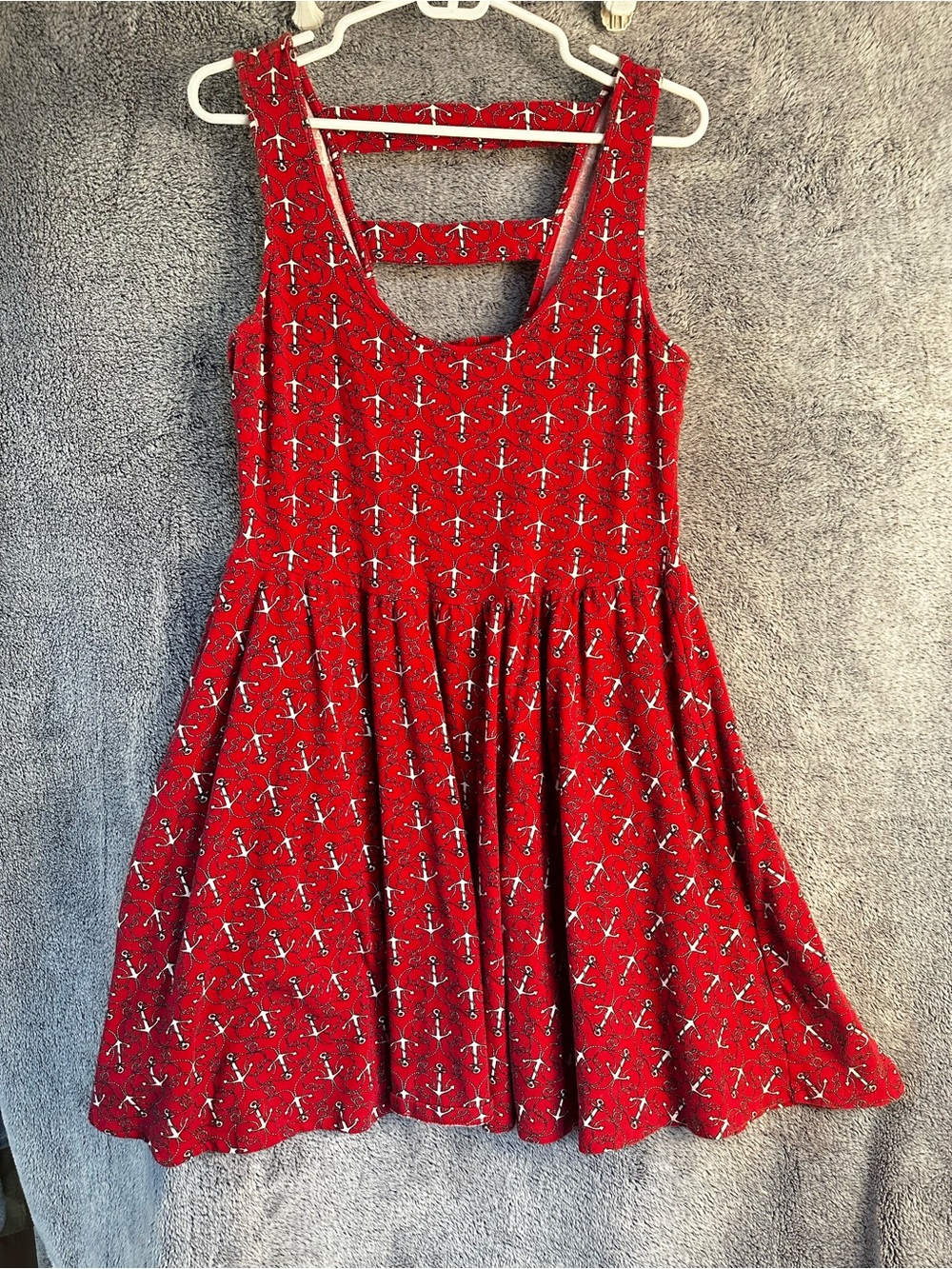 Vintage Pinup Hot Topic Red Nautical Anchor Print Cotton Flare Dress size XL HTF